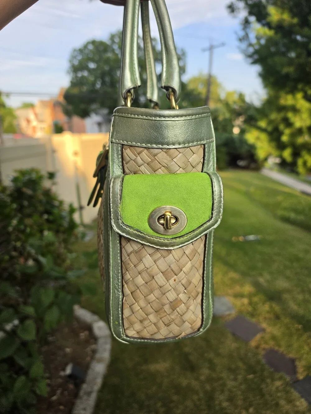 Vintage  Coach Woven Straw Satchel, Green Suade Leather.2004